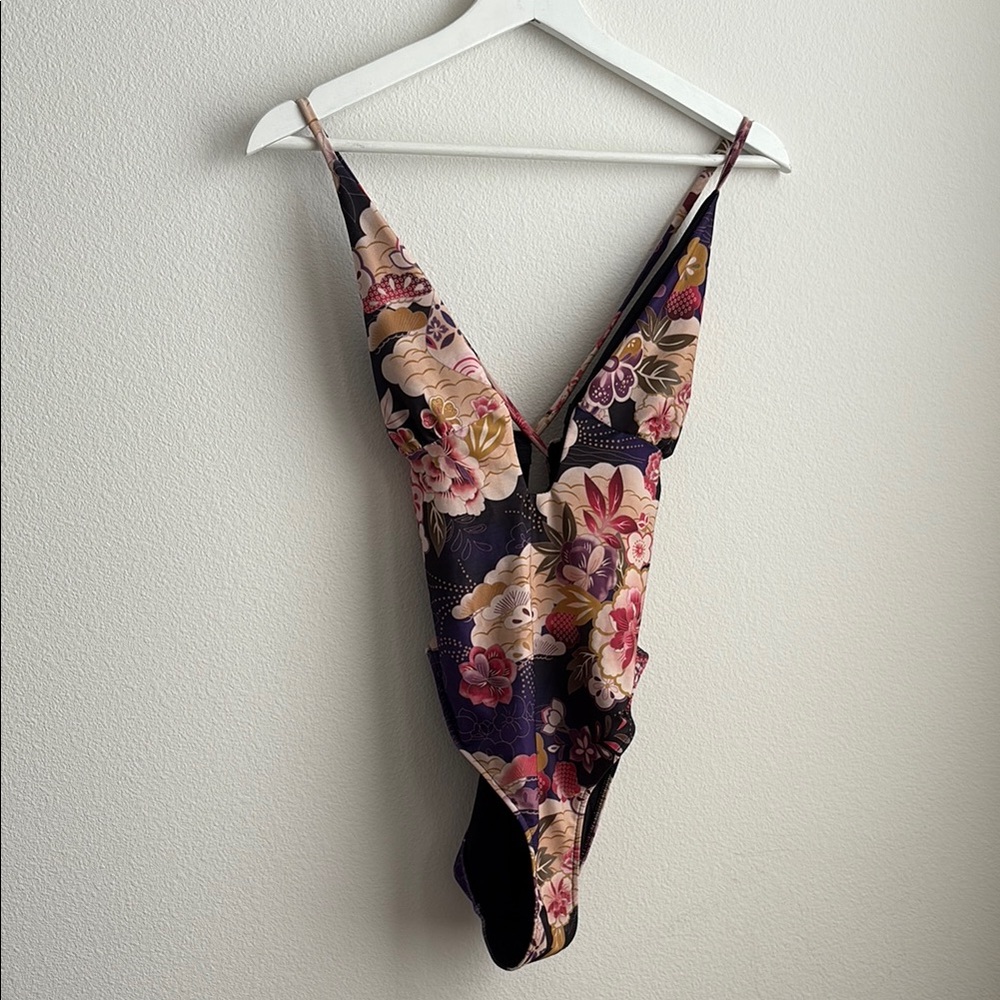 Zara Sexy Low Back One Piece Swimsuit with High-Leg Cut Pink and Purple Floral